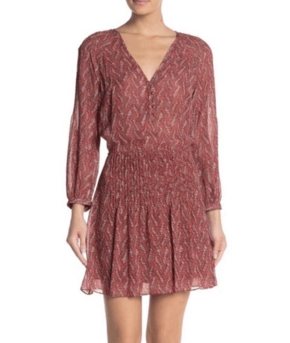 $595 Veronica Beard Priya Dress Silk Long Sleeve Drop Waist Red V Neck Size 6